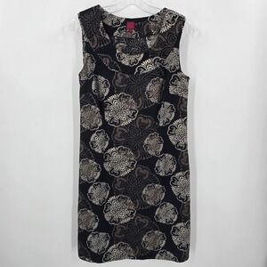 212 Collection Dress Womens 10 Black Brown Print Sleeveless Knee Length Linen